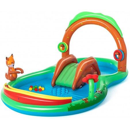 Bestway - 53093 - Play Center Friendly Woods On Spruzzi Cm. 295X199X130 Con Scivolo, Gioco Cerchi E Palline