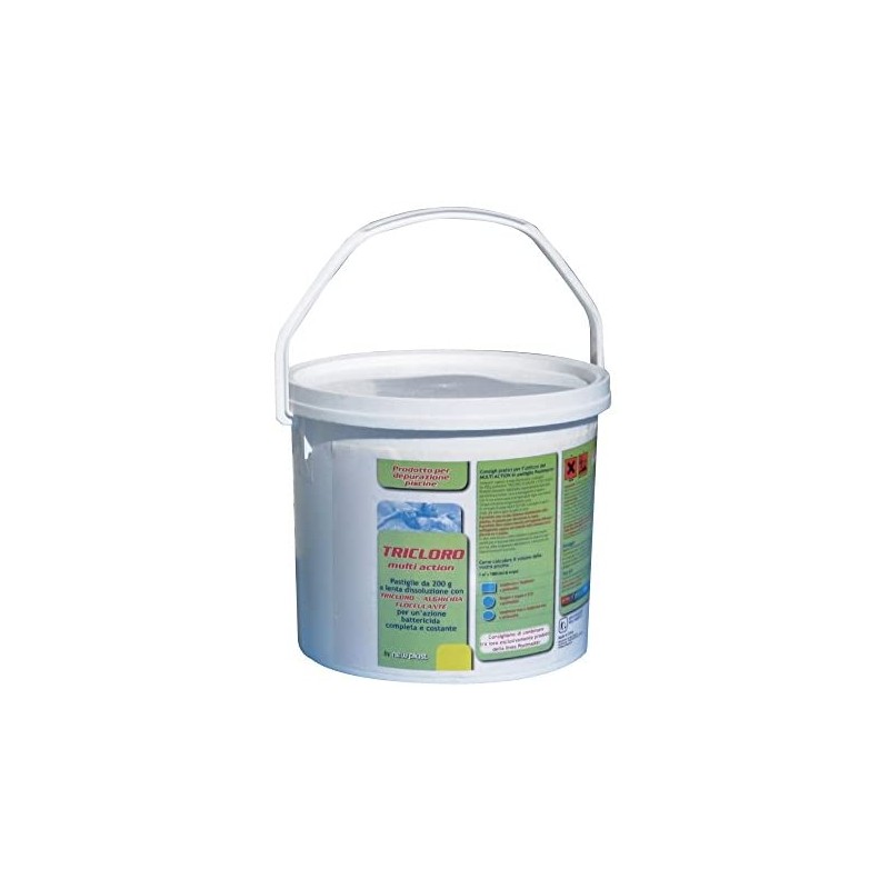 Tricloro in Pastiglie da 200 g per Acqua Piscina, Formula 5 Azioni, Fustino 5 kg - New Plast