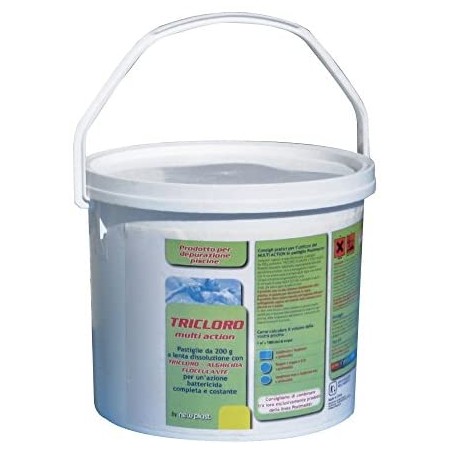 Tricloro in Pastiglie da 200 g per Acqua Piscina, Formula 5 Azioni, Fustino 5 kg - New Plast